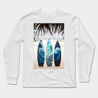 Surf boards with painted ocean waves on the beach with trees Long Sleeve T-Shirt